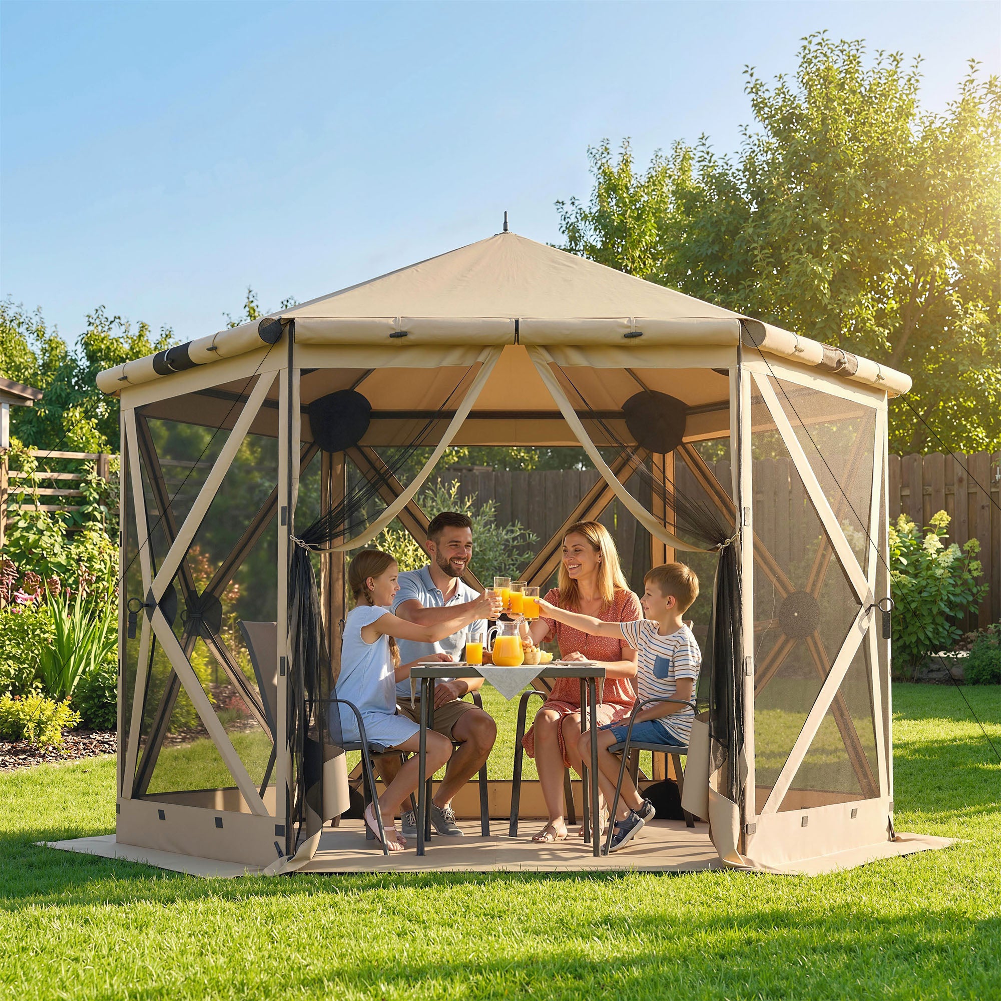 3.0 m x 2.6 m Hexagonal Pavilion with Floor Mat, Mesh Side Panels & Carry Bag — Waterproof, UV-Resistant Party Tent for Garden & Patio, Khaki