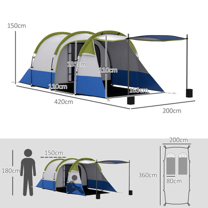 Camping Tent, Tunnel Tent for 3 People, with Light Hook, Vestibule, 2 Rooms, Windproof Family Tent with Carrying Bag, 2000mm Water-Resistant Pop-Up Tent for Camping, Garden, Green