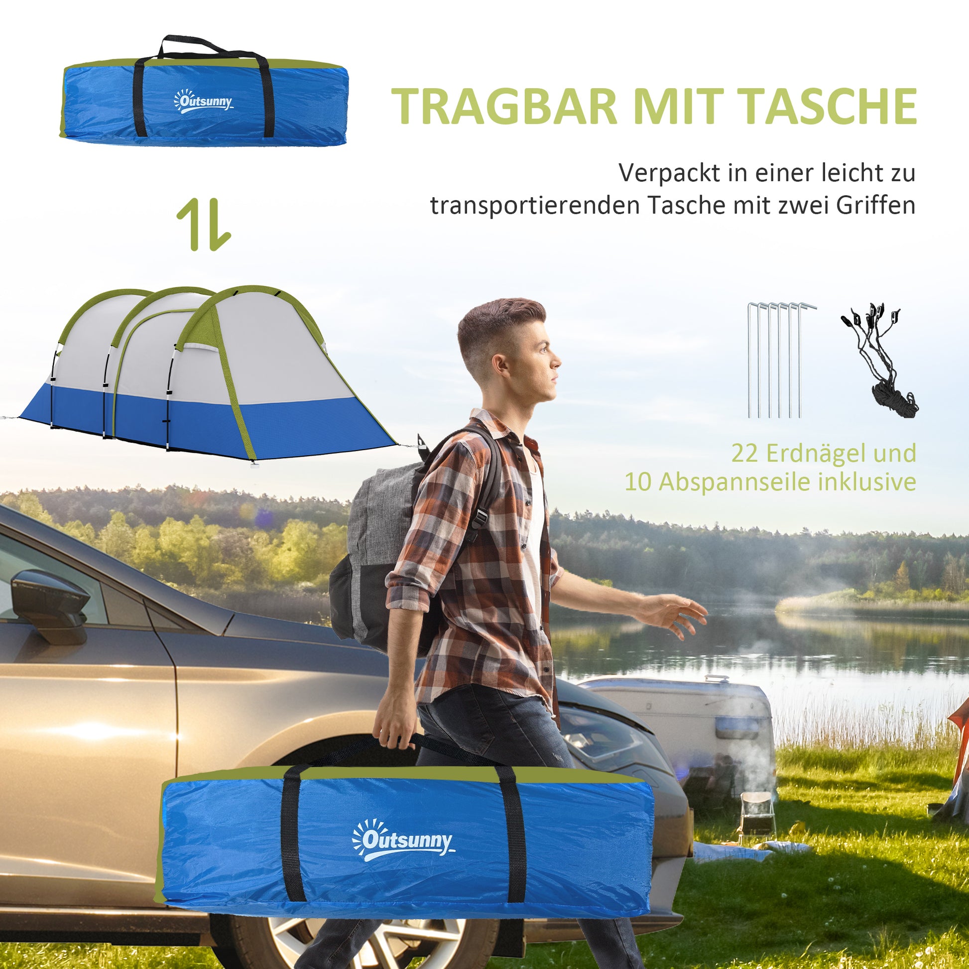 Camping Tent, Tunnel Tent for 3 People, with Light Hook, Vestibule, 2 Rooms, Windproof Family Tent with Carrying Bag, 2000mm Water-Resistant Pop-Up Tent for Camping, Garden, Green