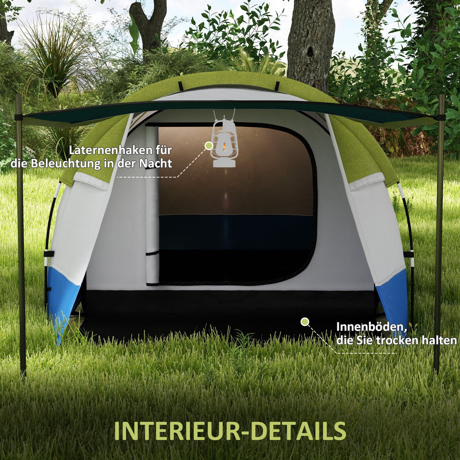 Camping Tent, Tunnel Tent for 3 People, with Light Hook, Vestibule, 2 Rooms, Windproof Family Tent with Carrying Bag, 2000mm Water-Resistant Pop-Up Tent for Camping, Garden, Green