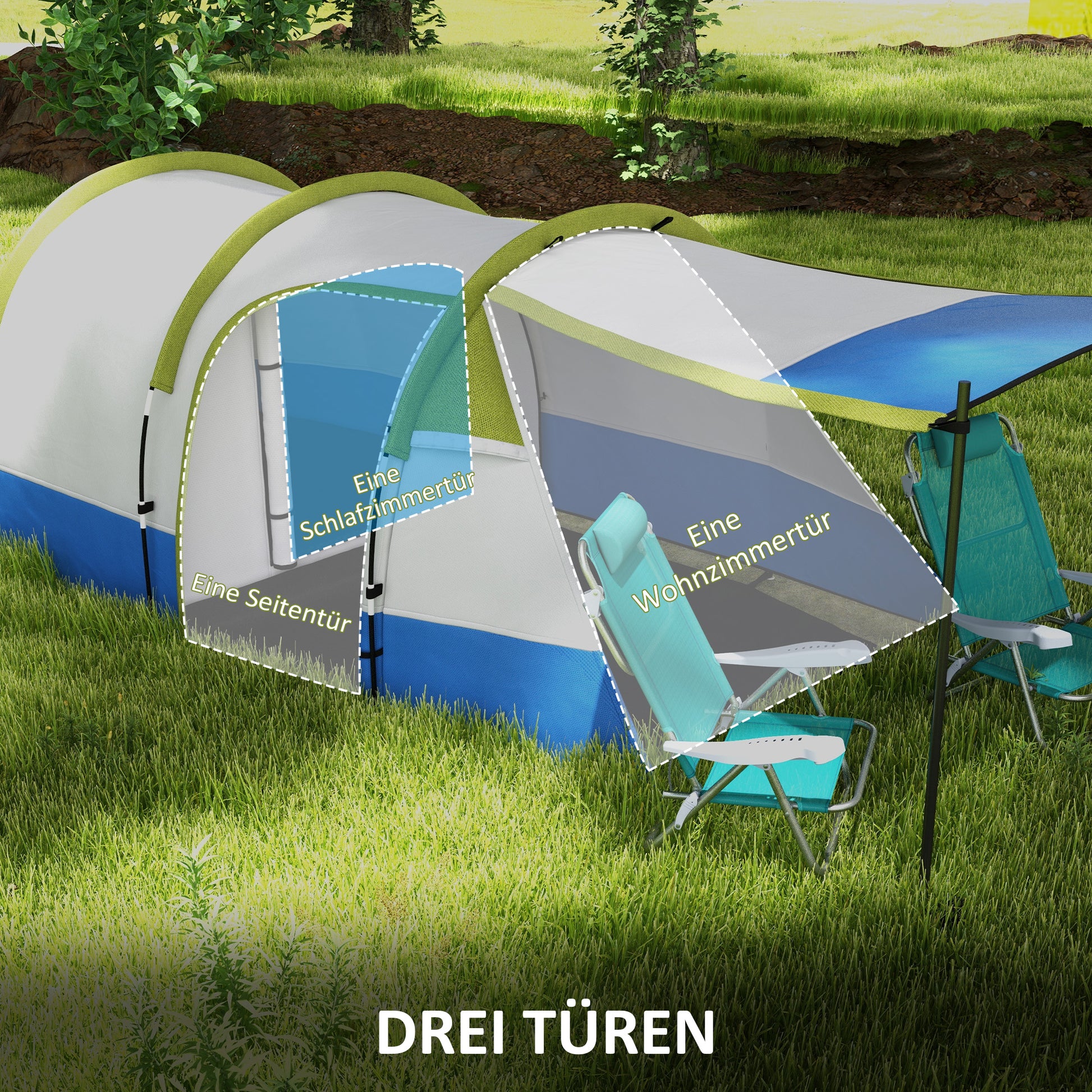 Camping Tent, Tunnel Tent for 3 People, with Light Hook, Vestibule, 2 Rooms, Windproof Family Tent with Carrying Bag, 2000mm Water-Resistant Pop-Up Tent for Camping, Garden, Green