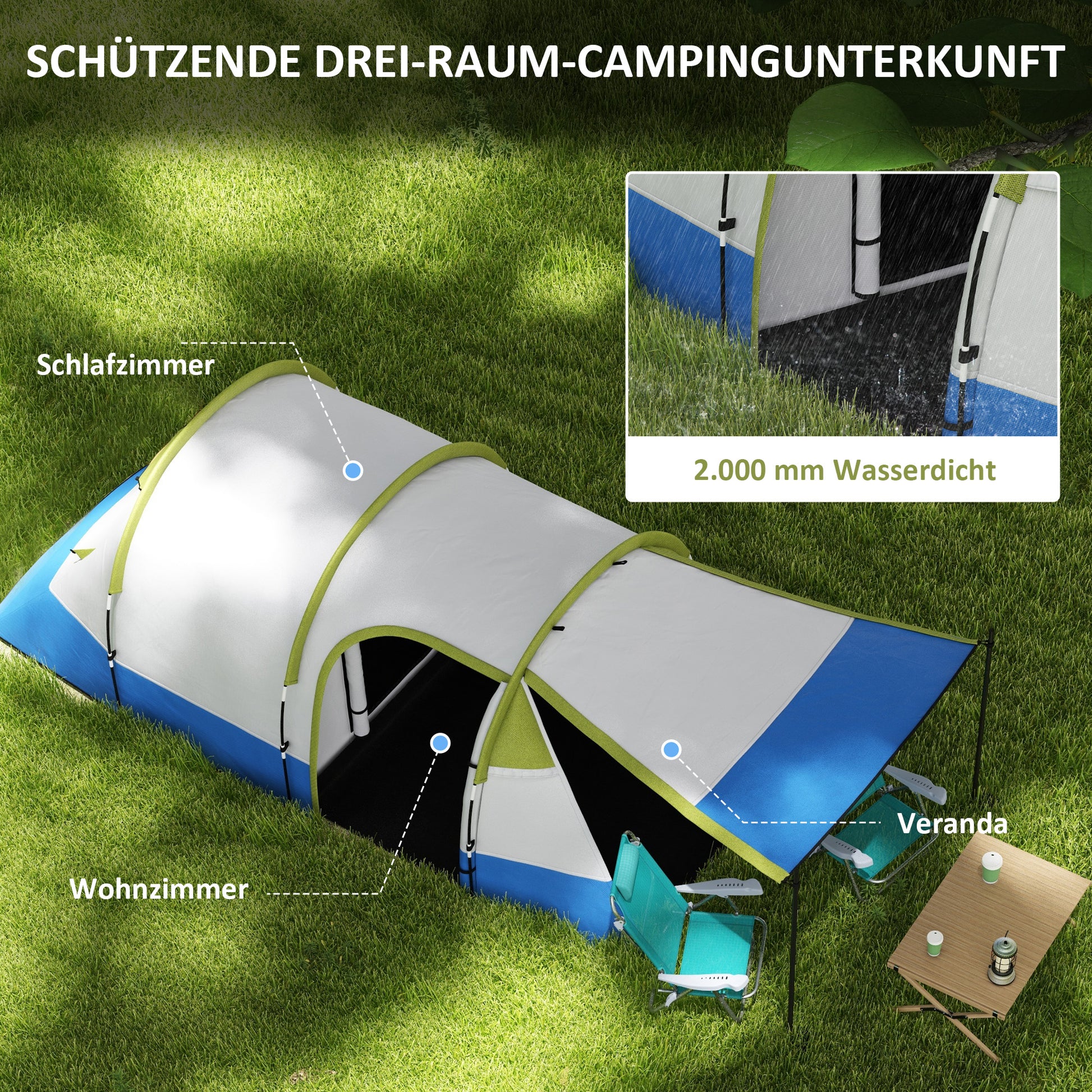 Camping Tent, Tunnel Tent for 3 People, with Light Hook, Vestibule, 2 Rooms, Windproof Family Tent with Carrying Bag, 2000mm Water-Resistant Pop-Up Tent for Camping, Garden, Green