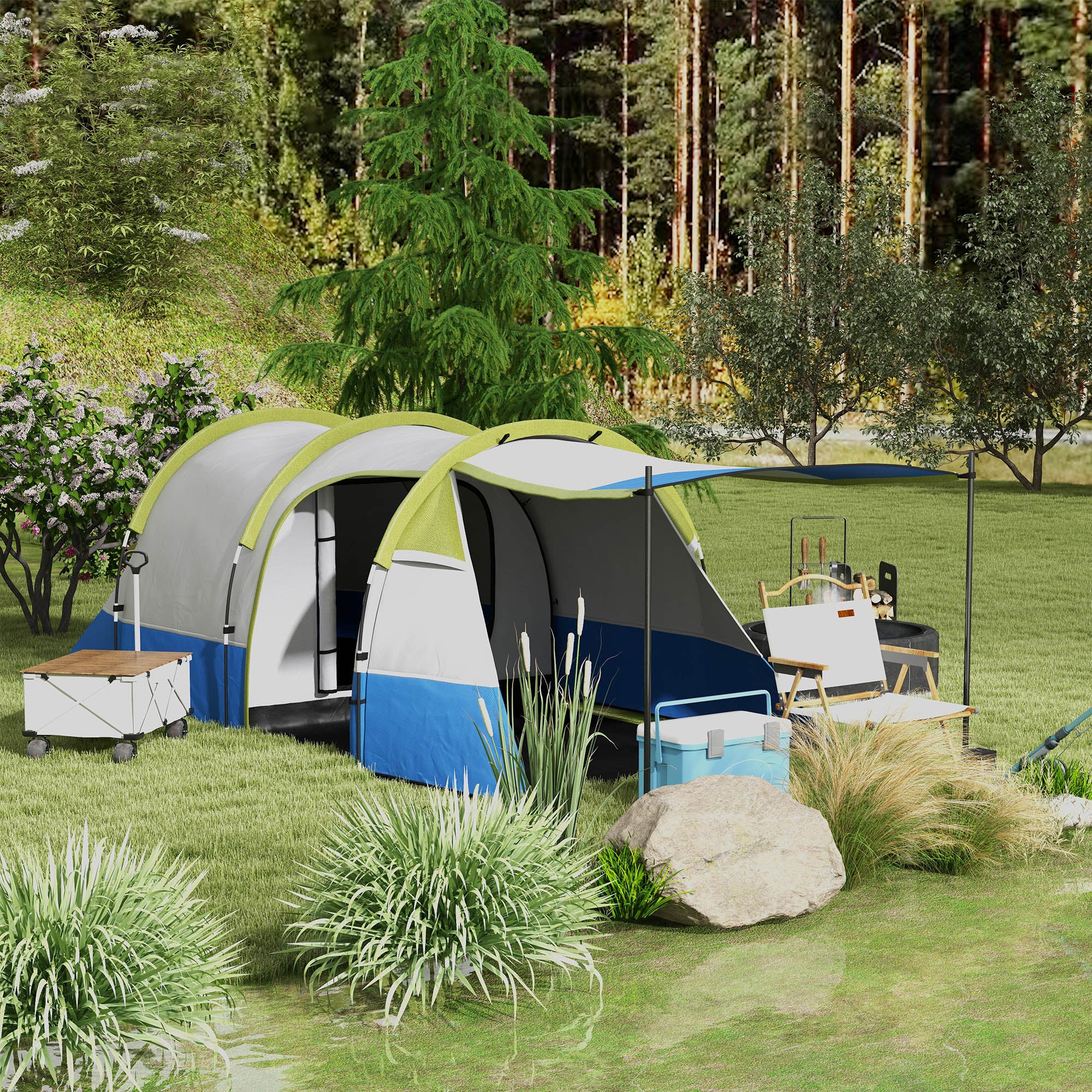 Camping Tent, Tunnel Tent for 3 People, with Light Hook, Vestibule, 2 Rooms, Windproof Family Tent with Carrying Bag, 2000mm Water-Resistant Pop-Up Tent for Camping, Garden, Green