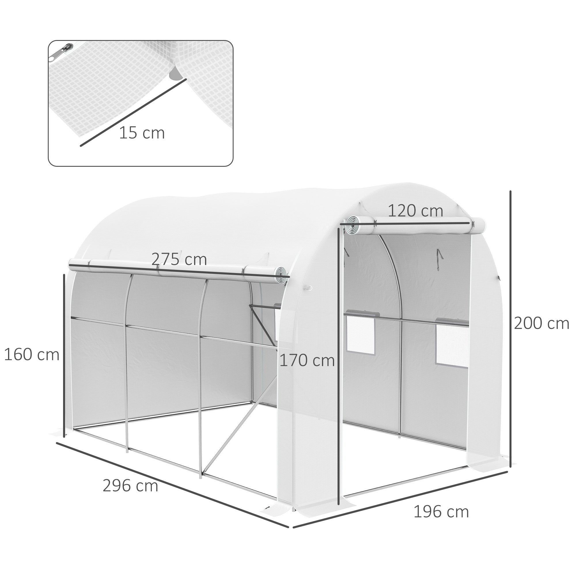 Garden Greenhouse 6m² 3 x 2m with 1 door + 2 roll-up side walls, 6 windows, galvanized steel PE high-density 140 g/m² Anti-UV white