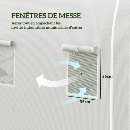 Garden Greenhouse 6m² 3 x 2m with 1 door + 2 roll-up side walls, 6 windows, galvanized steel PE high-density 140 g/m² Anti-UV white