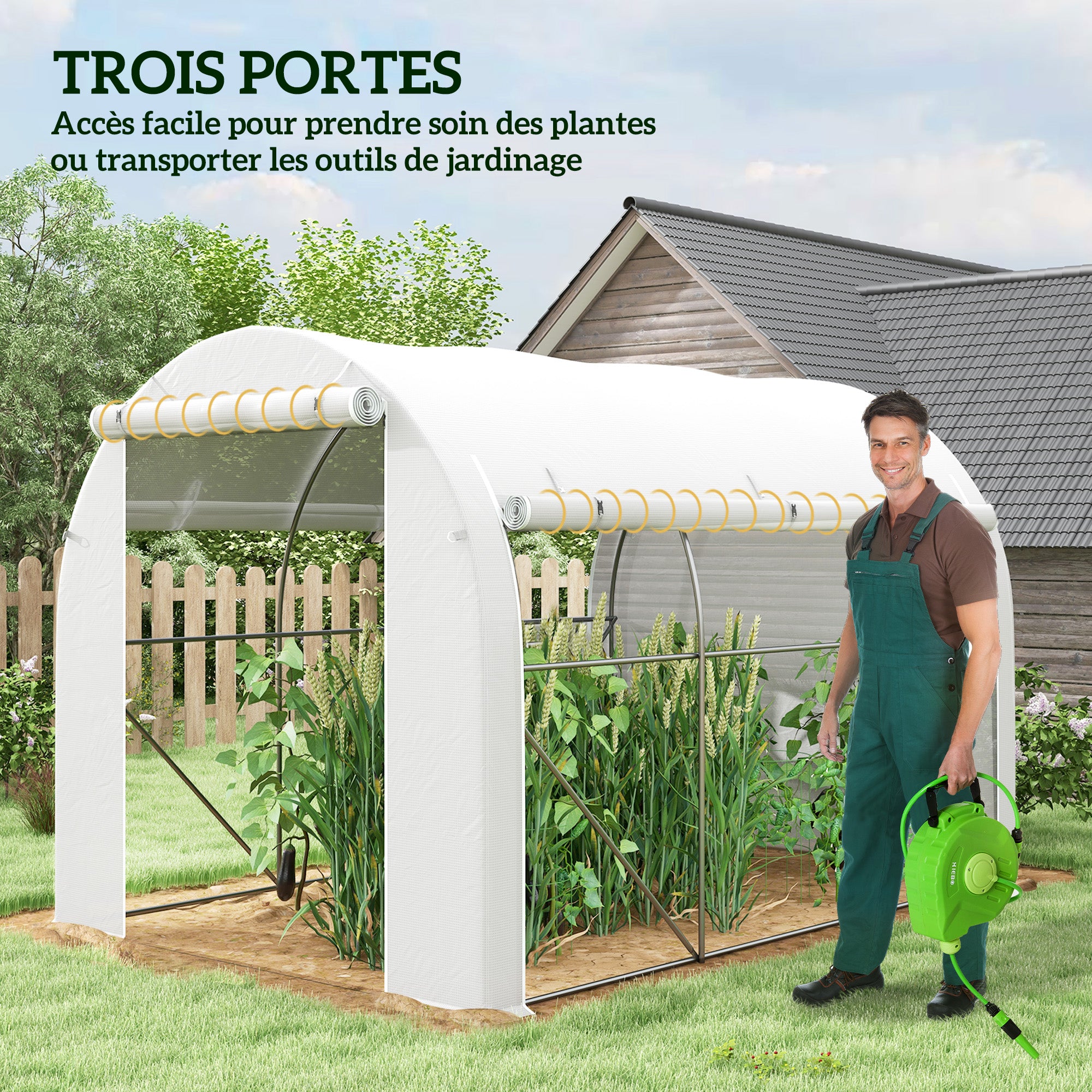 Garden Greenhouse 6m² 3 x 2m with 1 door + 2 roll-up side walls, 6 windows, galvanized steel PE high-density 140 g/m² Anti-UV white