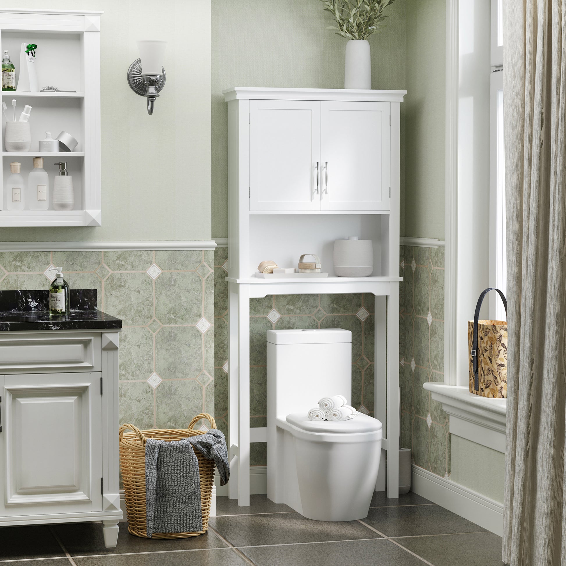 Over-The-Toilet Cabinet High Shelf for Washer with 2 Shaker Doors Adjustable Interior Shelf and 1 Storage Shelf for Bathroom WC Load 30 kg Anti-tip 71x20.5x165 cm White