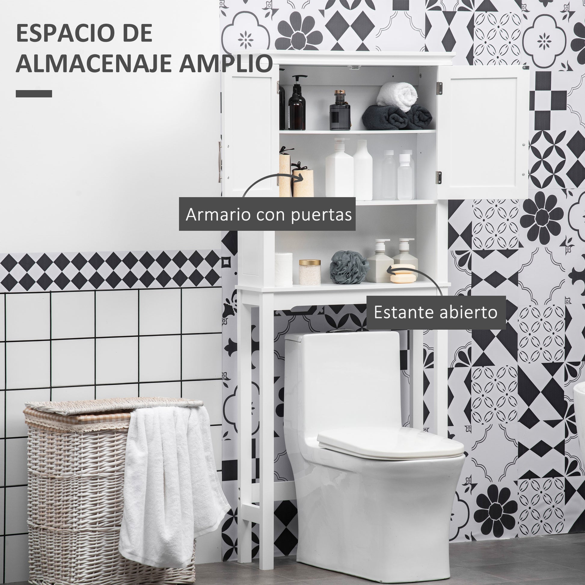 Over-The-Toilet Cabinet High Shelf for Washer with 2 Shaker Doors Adjustable Interior Shelf and 1 Storage Shelf for Bathroom WC Load 30 kg Anti-tip 71x20.5x165 cm White