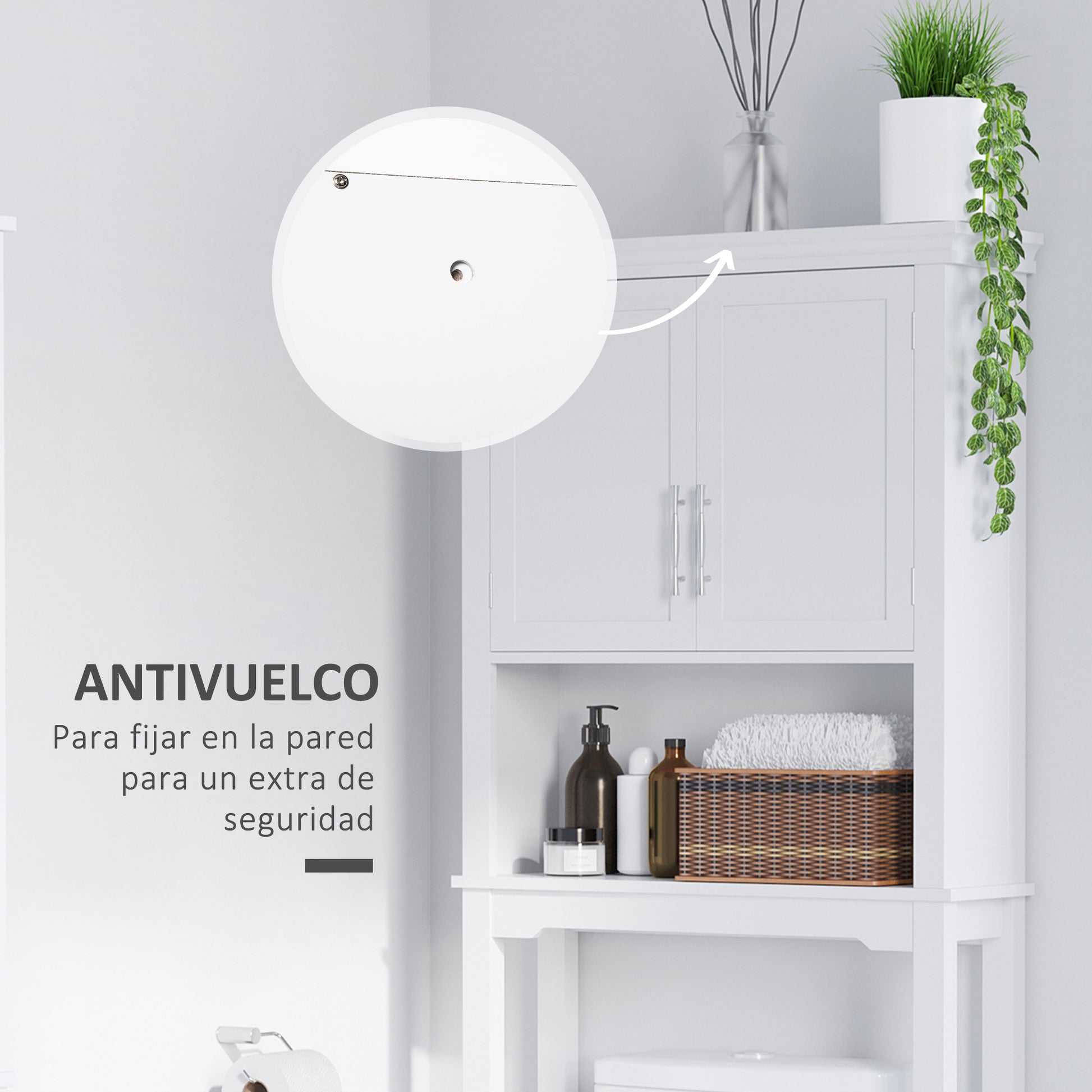 Over-The-Toilet Cabinet High Shelf for Washer with 2 Shaker Doors Adjustable Interior Shelf and 1 Storage Shelf for Bathroom WC Load 30 kg Anti-tip 71x20.5x165 cm White