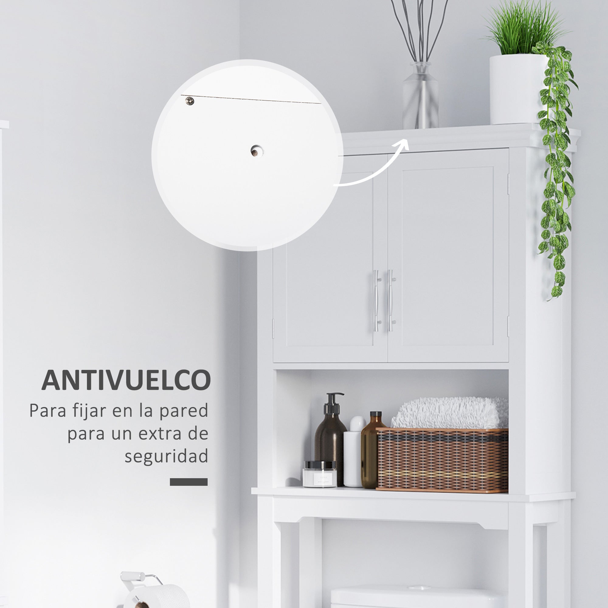 Over-The-Toilet Cabinet High Shelf for Washer with 2 Shaker Doors Adjustable Interior Shelf and 1 Storage Shelf for Bathroom WC Load 30 kg Anti-tip 71x20.5x165 cm White