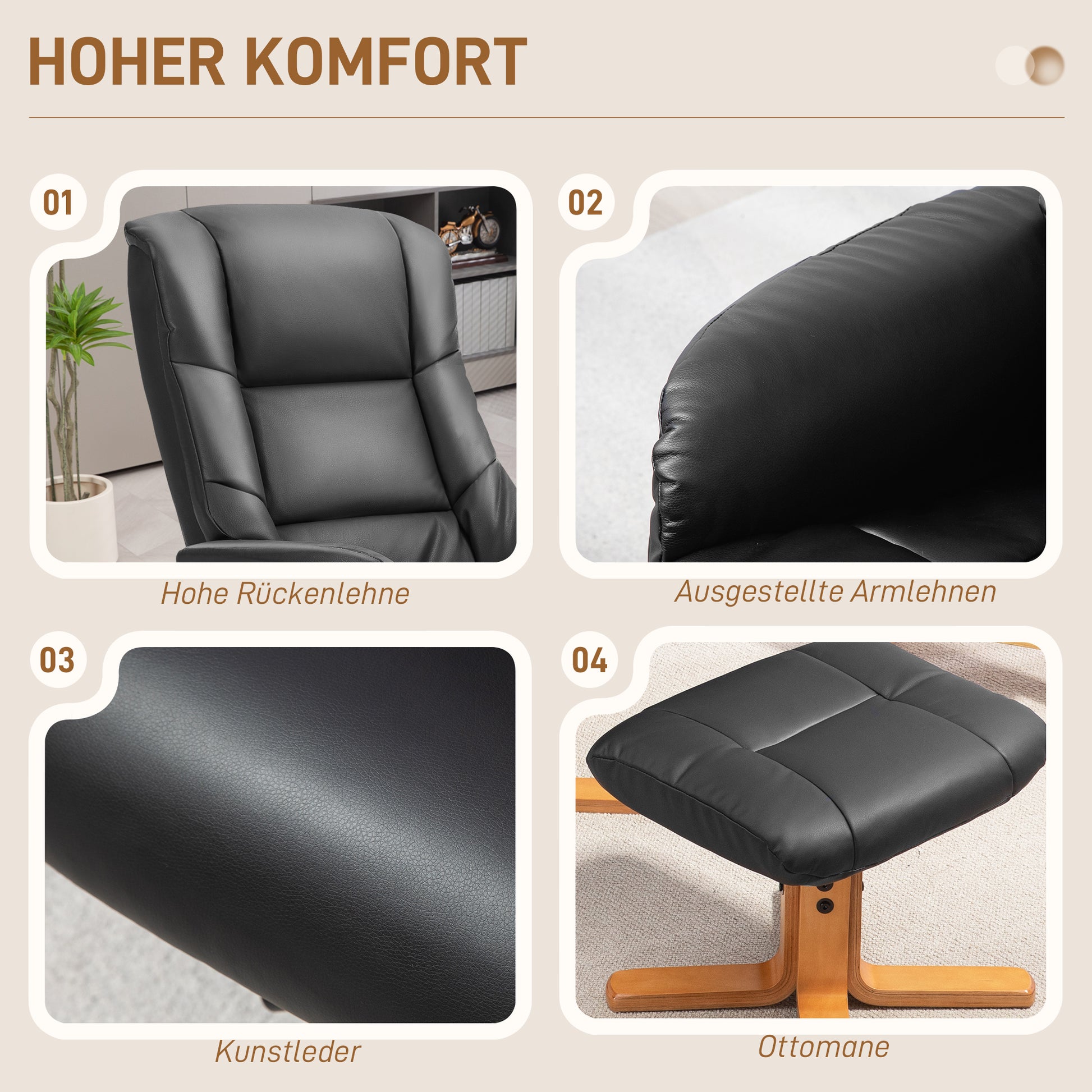 Recliner Chair with Ottoman, TV Chair with Reclining Function, Rocking Function, High Backrest, Wooden Legs for Living Room, Bedroom, Faux Leather, Black