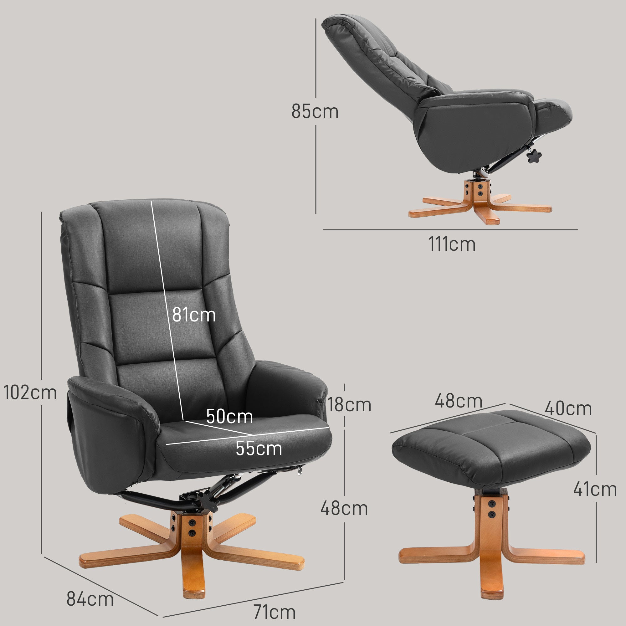 Recliner Chair with Ottoman, TV Chair with Reclining Function, Rocking Function, High Backrest, Wooden Legs for Living Room, Bedroom, Faux Leather, Black
