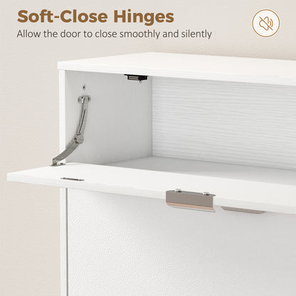 Slim Shoe Cabinet with 2 Flip Compartments, Leather-Effect Doors, 2 Cupboards & Adjustable Shelves, Soft-Close for Hallway & Entry — White