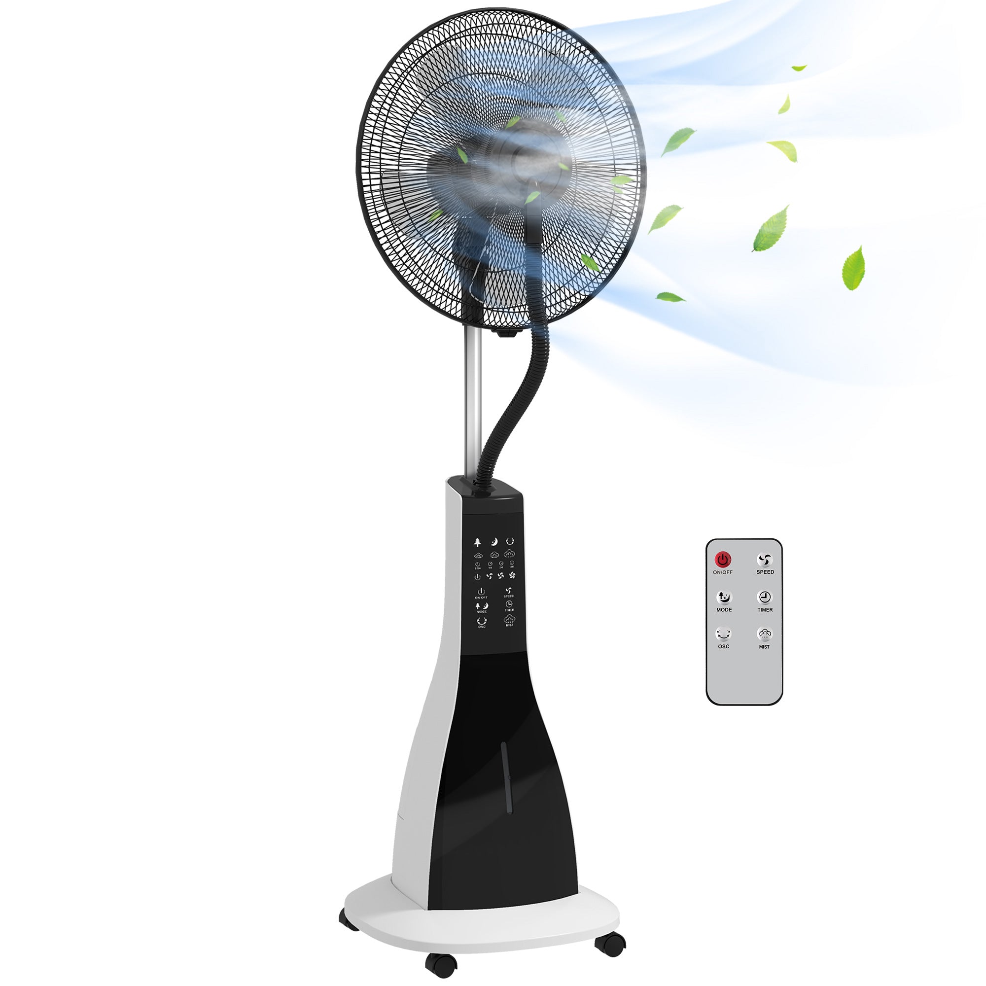 Misting Fan Oscillating Water Stand Fan 90 W Timer 3L Tank Remote Control 3 Speeds 5 Blades LED Display Ø44.5 cm Black and White