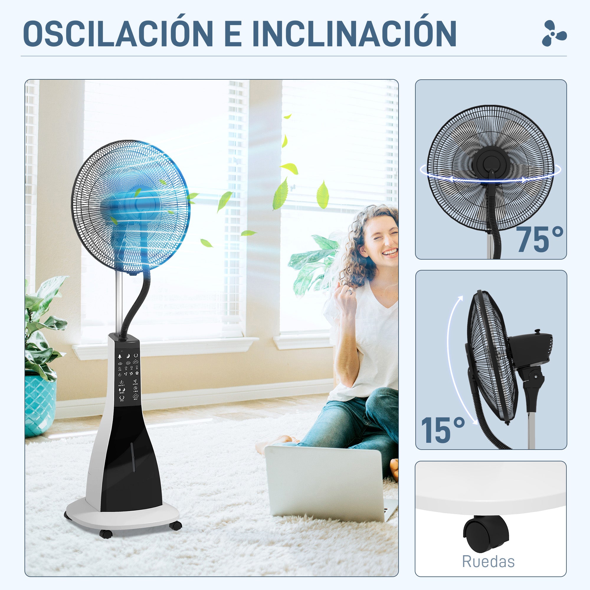 Misting Fan Oscillating Water Stand Fan 90 W Timer 3L Tank Remote Control 3 Speeds 5 Blades LED Display Ø44.5 cm Black and White