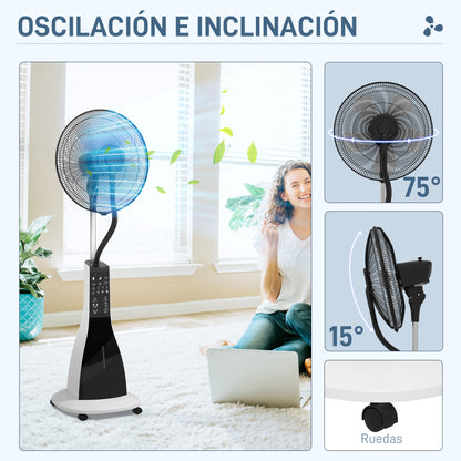Misting Fan Oscillating Water Stand Fan 90 W Timer 3L Tank Remote Control 3 Speeds 5 Blades LED Display Ø44.5 cm Black and White