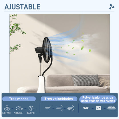 Misting Fan Oscillating Water Stand Fan 90 W Timer 3L Tank Remote Control 3 Speeds 5 Blades LED Display Ø44.5 cm Black and White