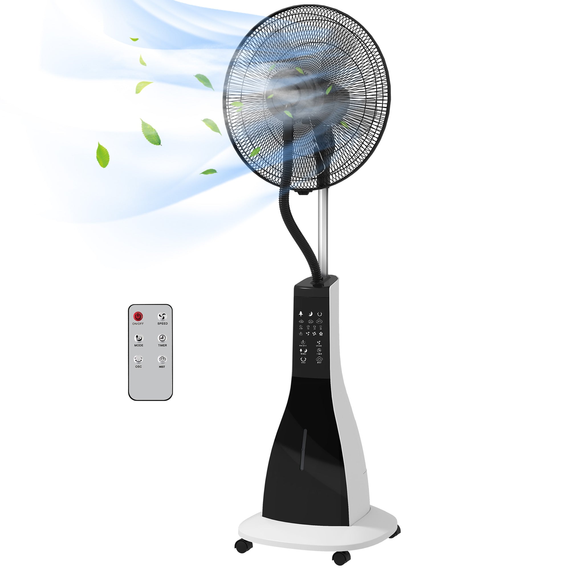Misting Fan Oscillating Water Stand Fan 90 W Timer 3L Tank Remote Control 3 Speeds 5 Blades LED Display Ø44.5 cm Black and White