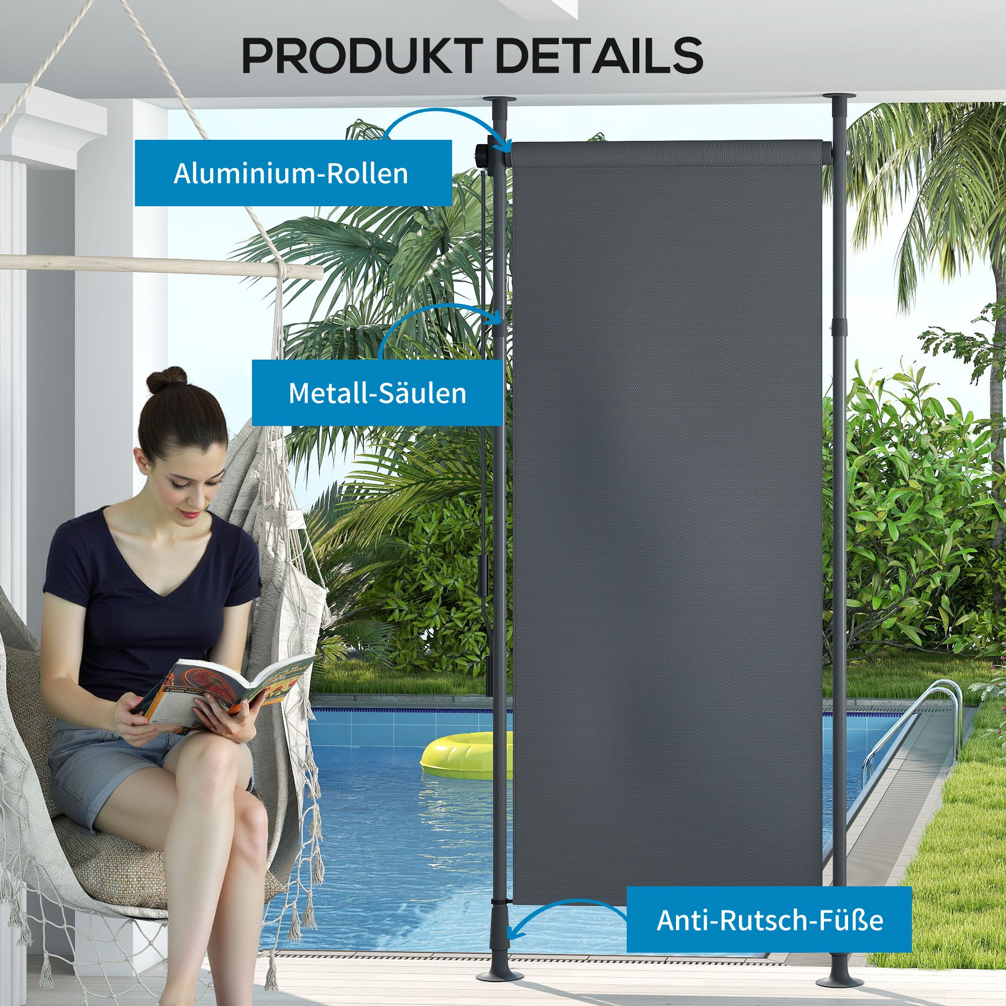 Vertical Awning 120 x 220-310cm Retractable Vertical Awning Clamp Awning with Crank Sun Protection Privacy Wind Protection Outdoor Roller Blind Awning for Balcony Terrace Garden Dark Gray