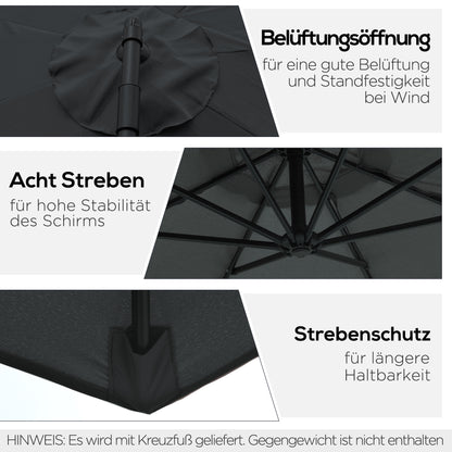 Cantilever Umbrella Ø300 cm Tiltable Sun Umbrella with UV Protection Crank Umbrella with Stand, Crank Device, Market Umbrella Garden Umbrella Sun Protection for Balcony Garden Terrace Black