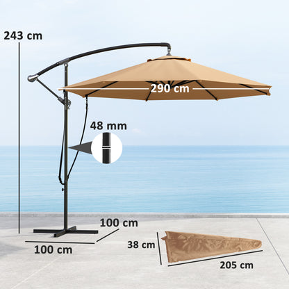 Offset Umbrella Ø 290 cm Garden Umbrella with Cross Base Crank Umbrella Cover and Anti-UV 50+ Wind Rope Umbrella for Terrace Patio Khaki