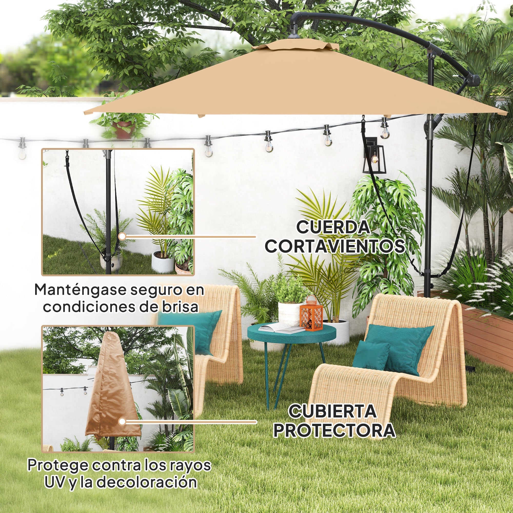 Offset Umbrella Ø 290 cm Garden Umbrella with Cross Base Crank Umbrella Cover and Anti-UV 50+ Wind Rope Umbrella for Terrace Patio Khaki