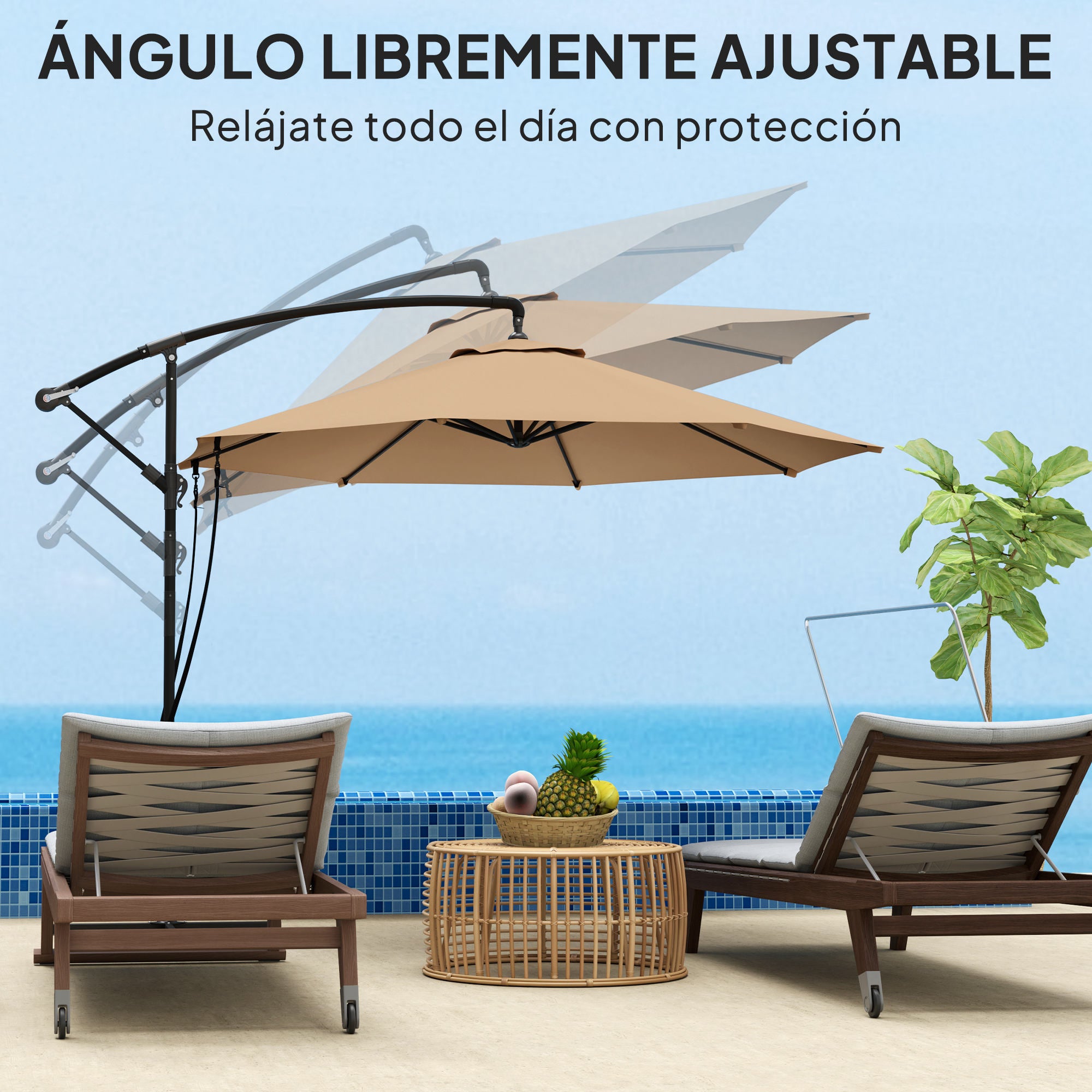 Offset Umbrella Ø 290 cm Garden Umbrella with Cross Base Crank Umbrella Cover and Anti-UV 50+ Wind Rope Umbrella for Terrace Patio Khaki