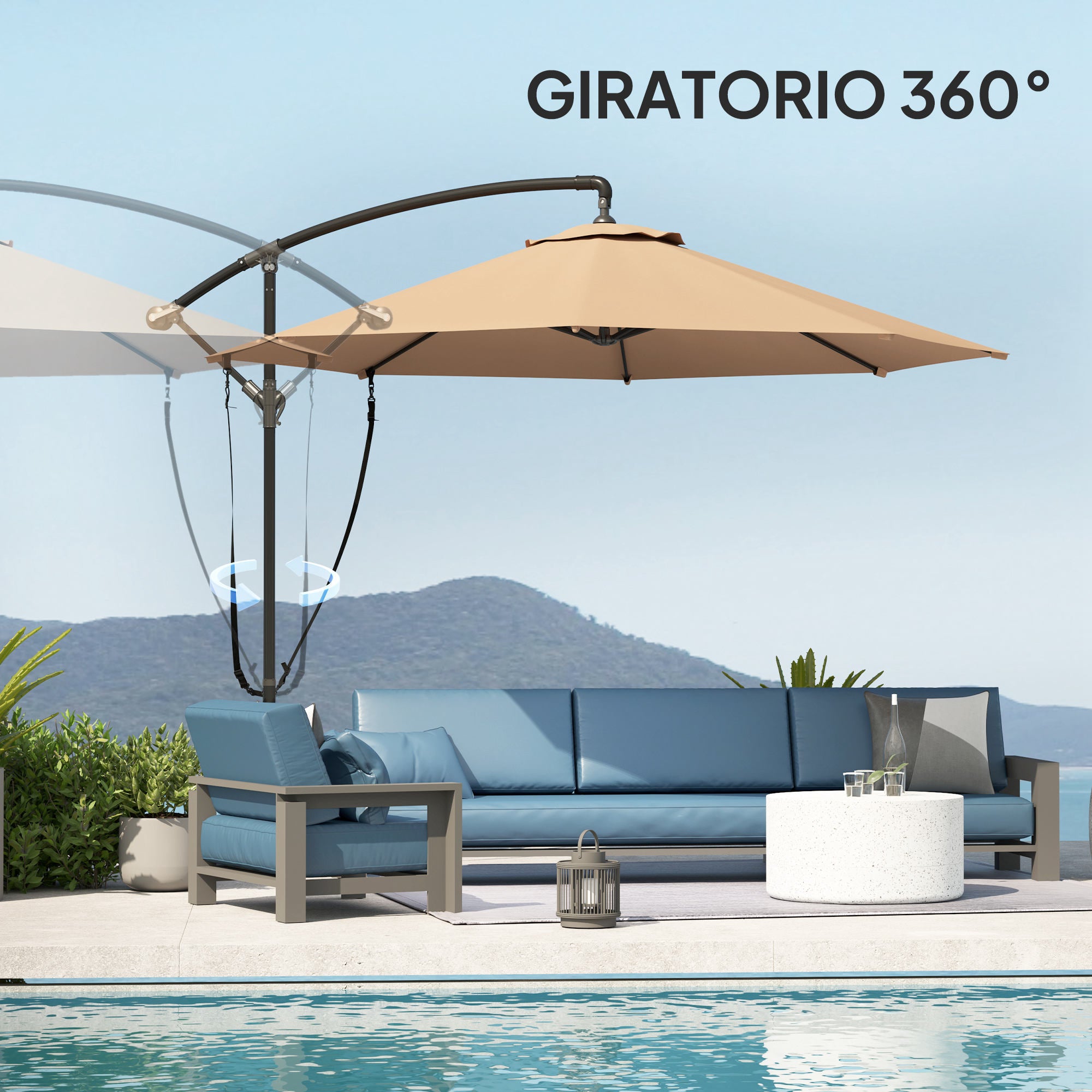 Offset Umbrella Ø 290 cm Garden Umbrella with Cross Base Crank Umbrella Cover and Anti-UV 50+ Wind Rope Umbrella for Terrace Patio Khaki