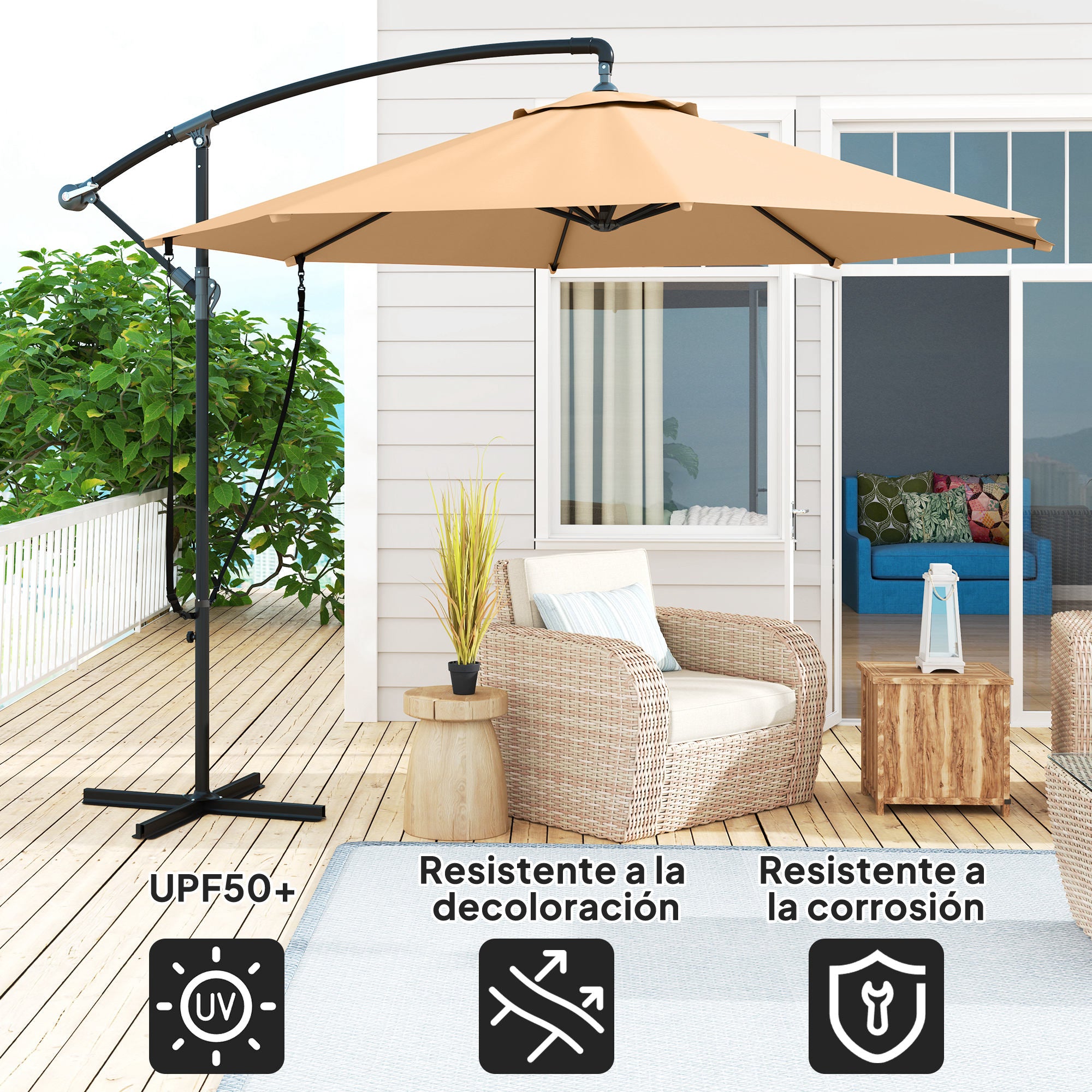 Offset Umbrella Ø 290 cm Garden Umbrella with Cross Base Crank Umbrella Cover and Anti-UV 50+ Wind Rope Umbrella for Terrace Patio Khaki