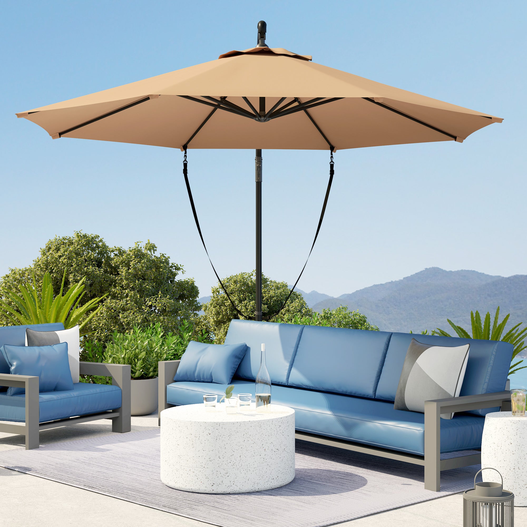 Offset Umbrella Ø 290 cm Garden Umbrella with Cross Base Crank Umbrella Cover and Anti-UV 50+ Wind Rope Umbrella for Terrace Patio Khaki