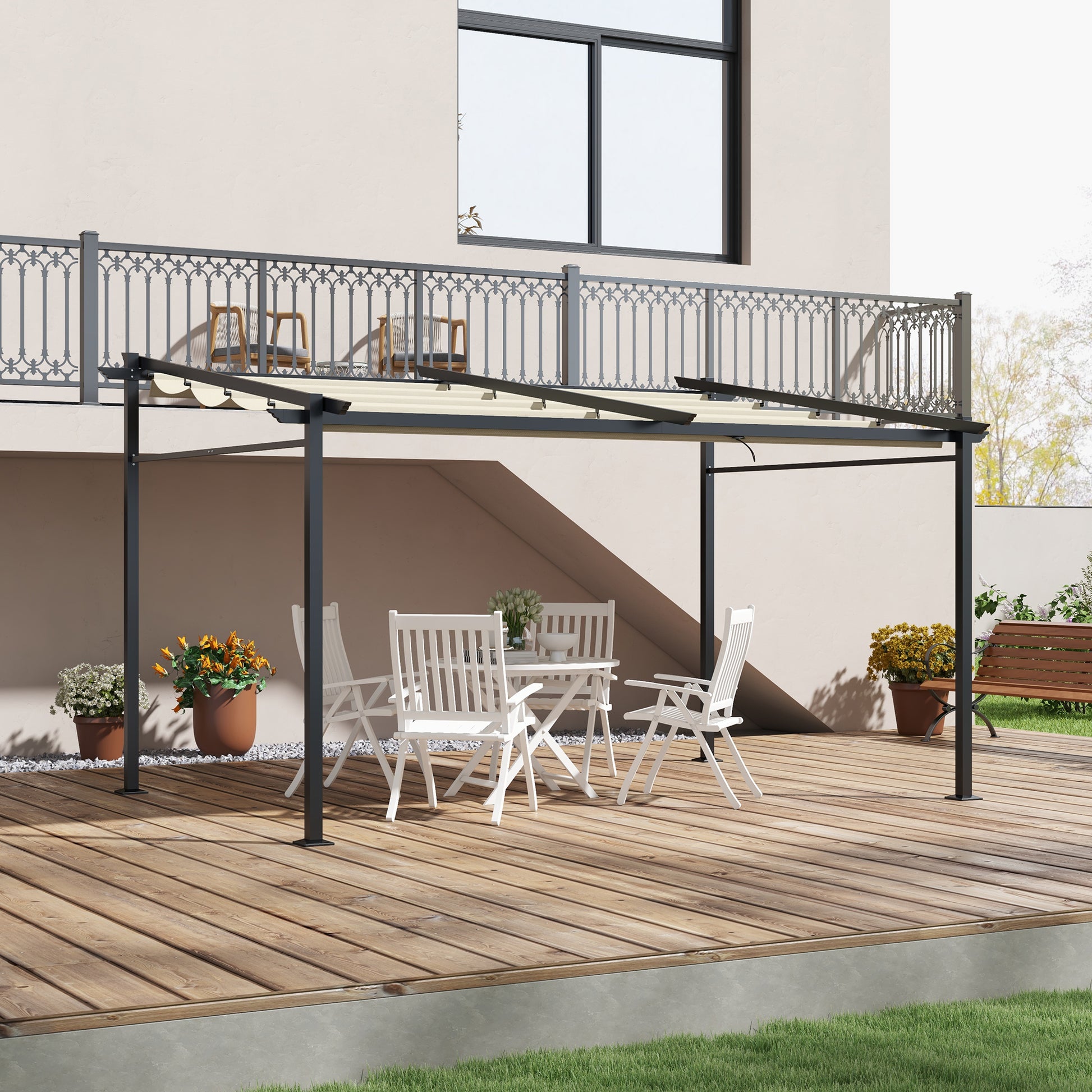 Outdoor Garden Pergola 4x3 Wall-Mounted Pergola with Retractable Sliding Canopy, Steel Frame, High Density 180 g/m² Polyester Fabric Included Beige