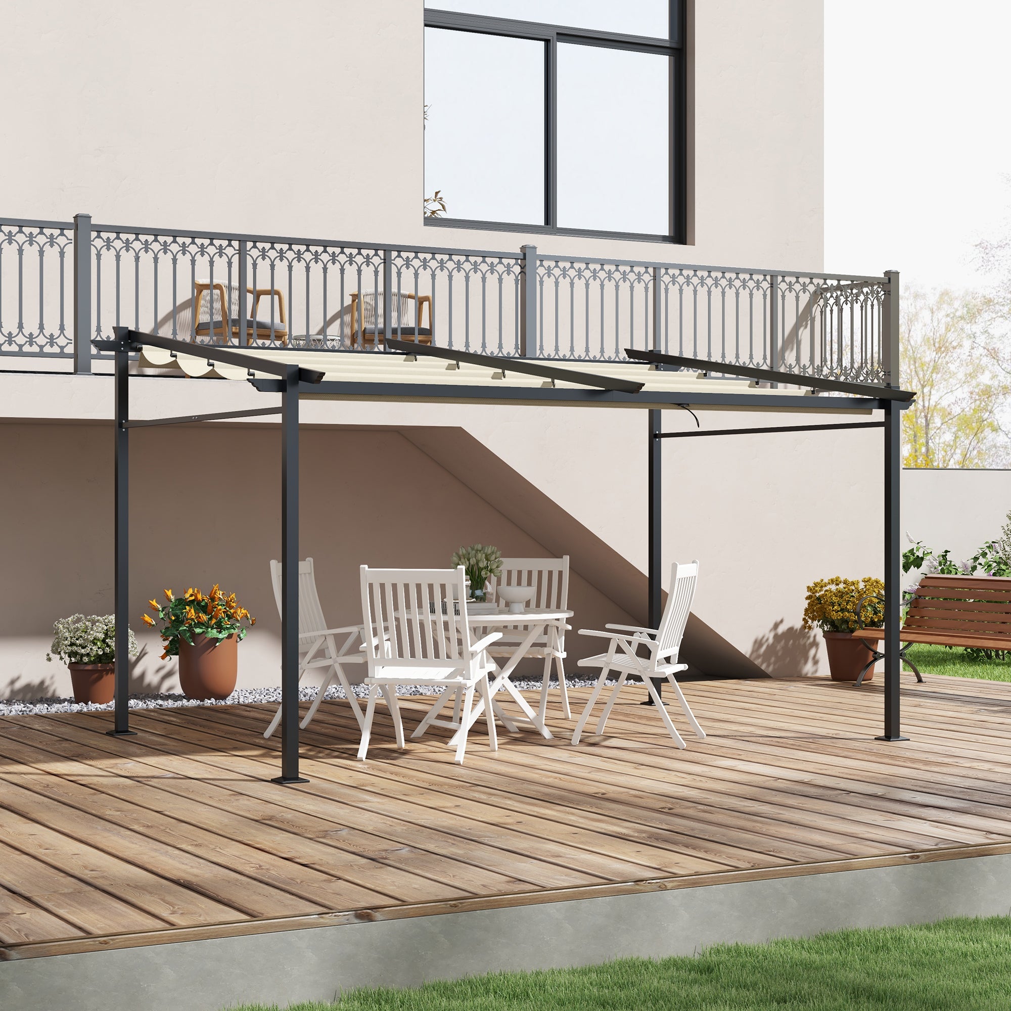 Outdoor Garden Pergola 4x3 Wall-Mounted Pergola with Retractable Sliding Canopy, Steel Frame, High Density 180 g/m² Polyester Fabric Included Beige