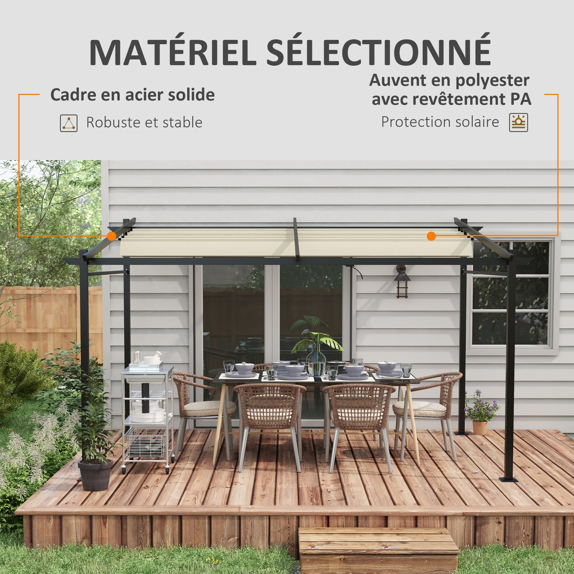 Outdoor Garden Pergola 4x3 Wall-Mounted Pergola with Retractable Sliding Canopy, Steel Frame, High Density 180 g/m² Polyester Fabric Included Beige