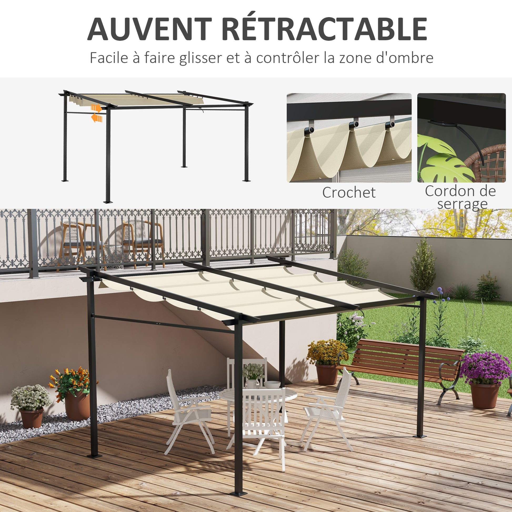 Outdoor Garden Pergola 4x3 Wall-Mounted Pergola with Retractable Sliding Canopy, Steel Frame, High Density 180 g/m² Polyester Fabric Included Beige