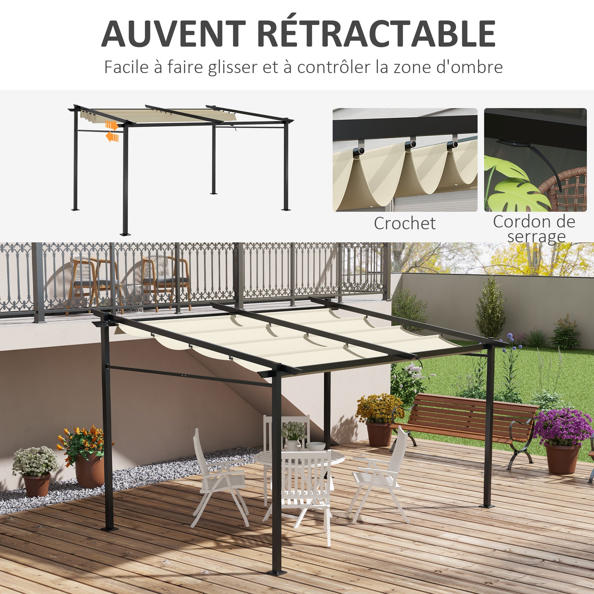 Outdoor Garden Pergola 4x3 Wall-Mounted Pergola with Retractable Sliding Canopy, Steel Frame, High Density 180 g/m² Polyester Fabric Included Beige