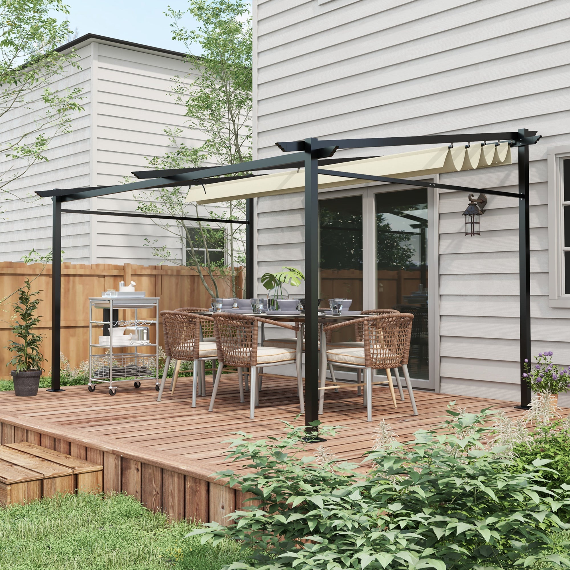 Outdoor Garden Pergola 4x3 Wall-Mounted Pergola with Retractable Sliding Canopy, Steel Frame, High Density 180 g/m² Polyester Fabric Included Beige