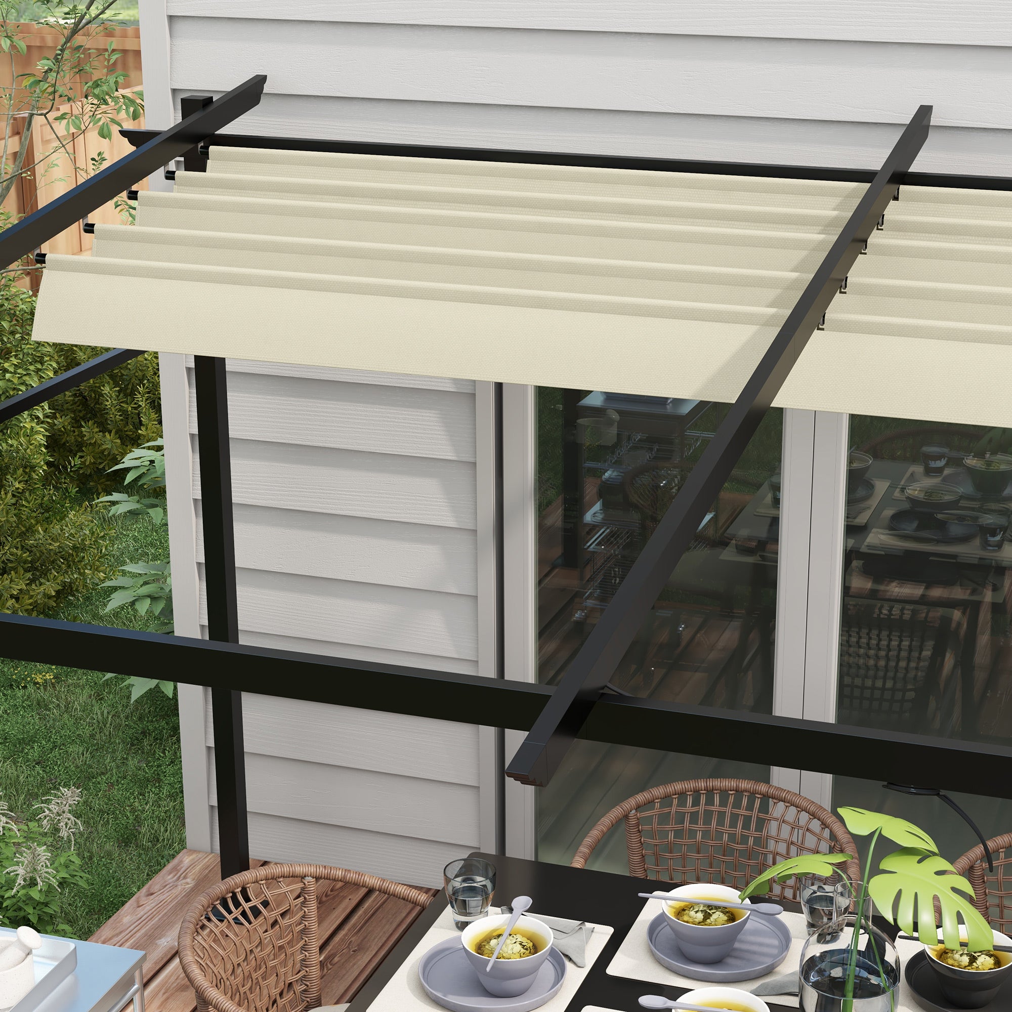 Outdoor Garden Pergola 4x3 Wall-Mounted Pergola with Retractable Sliding Canopy, Steel Frame, High Density 180 g/m² Polyester Fabric Included Beige