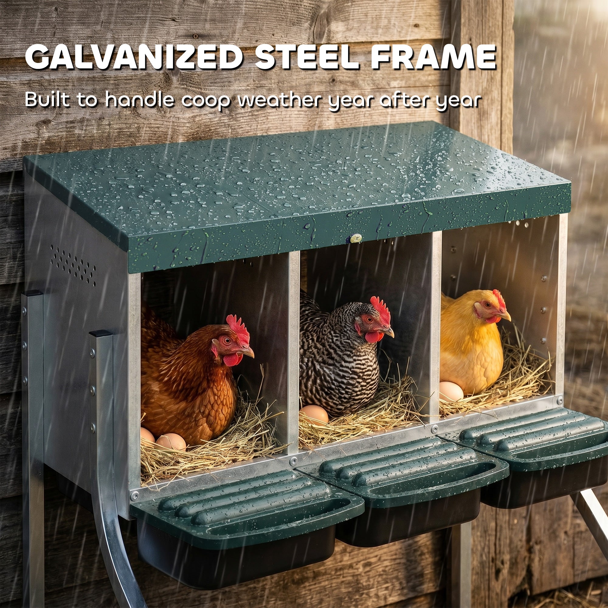 3-Compartment Rollaway Nesting Box for Chickens, Ventilated with Drainage, Fits 3 Hens, 85 x 54.6 x 61 cm (33.5 x 21.5 x 24 in), Silver/Green