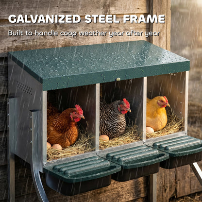 3-Compartment Rollaway Nesting Box for Chickens, Ventilated with Drainage, Fits 3 Hens, 85 x 54.6 x 61 cm (33.5 x 21.5 x 24 in), Silver/Green