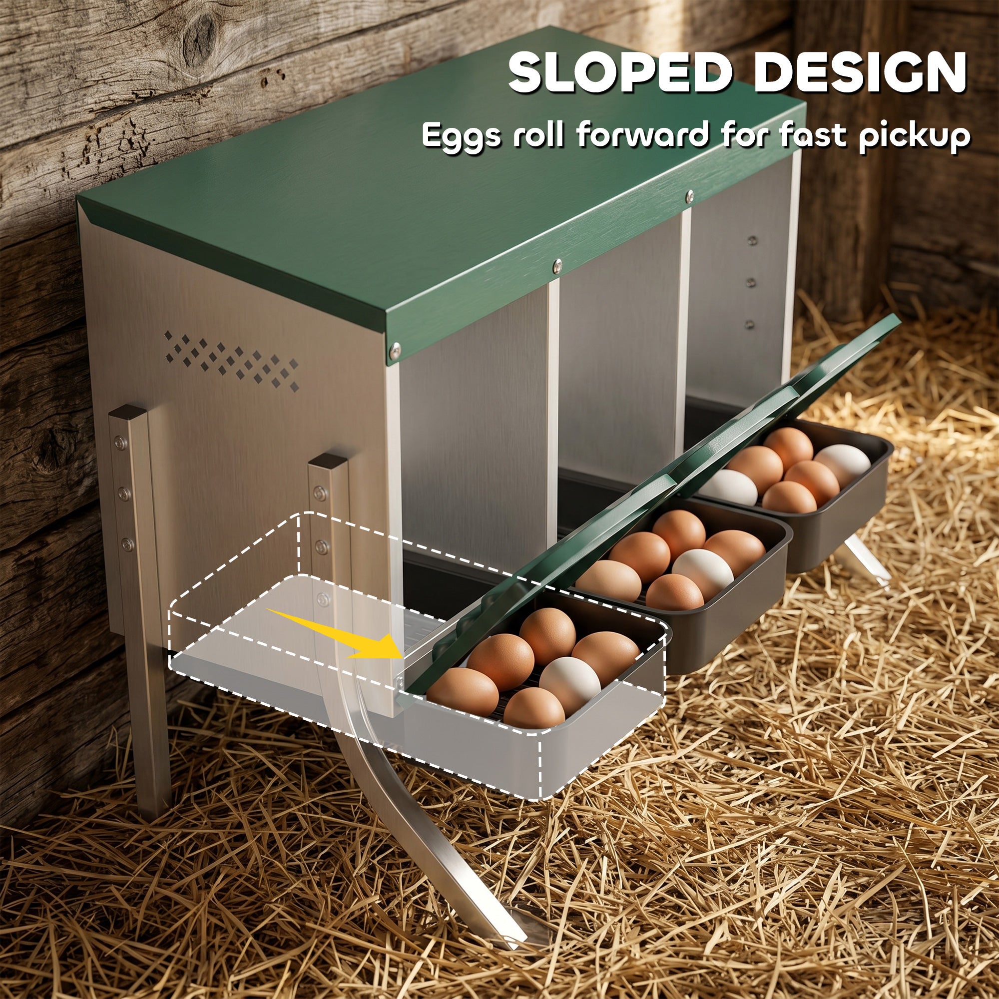 3-Compartment Rollaway Nesting Box for Chickens, Ventilated with Drainage, Fits 3 Hens, 85 x 54.6 x 61 cm (33.5 x 21.5 x 24 in), Silver/Green