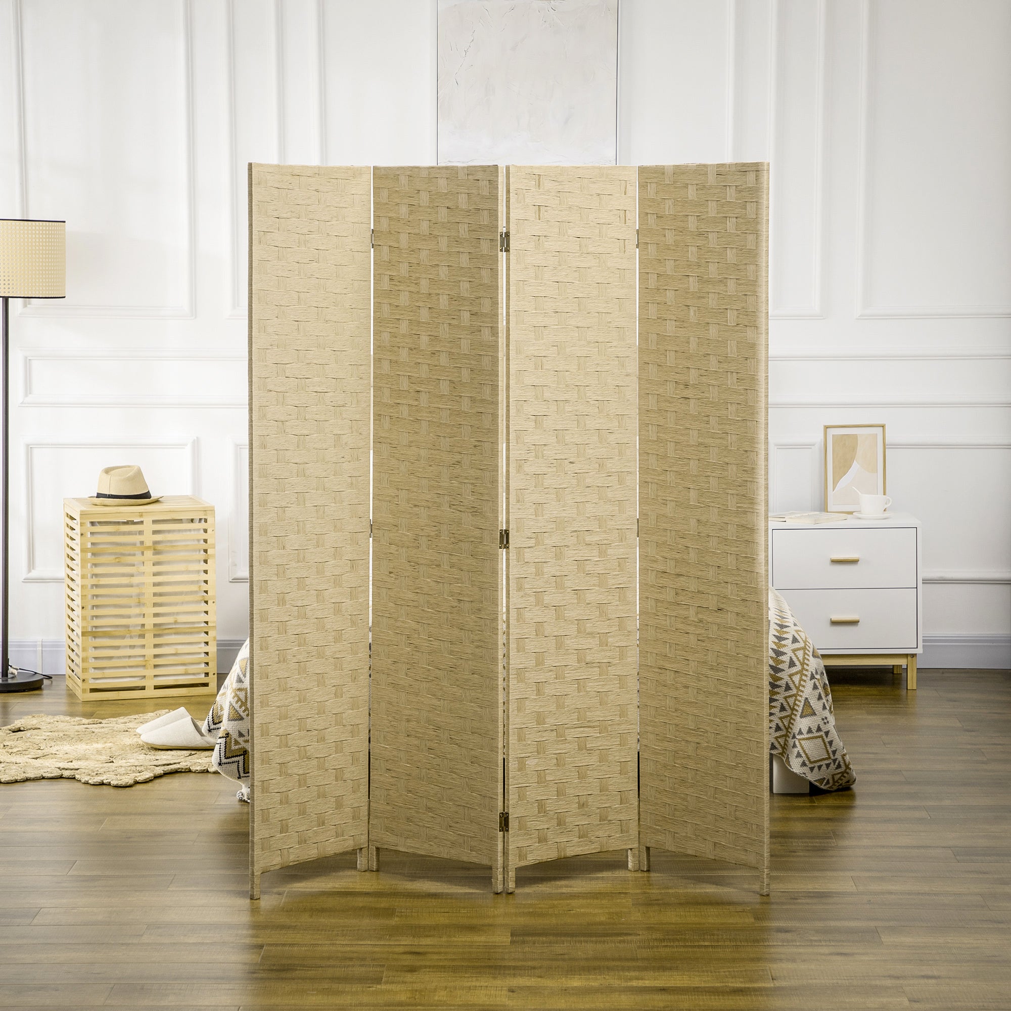 4 Panel Room Divider 159.5x169.5 cm Folding Separator with Paper Rope Decoration Partition for Bedroom Living Room Brown