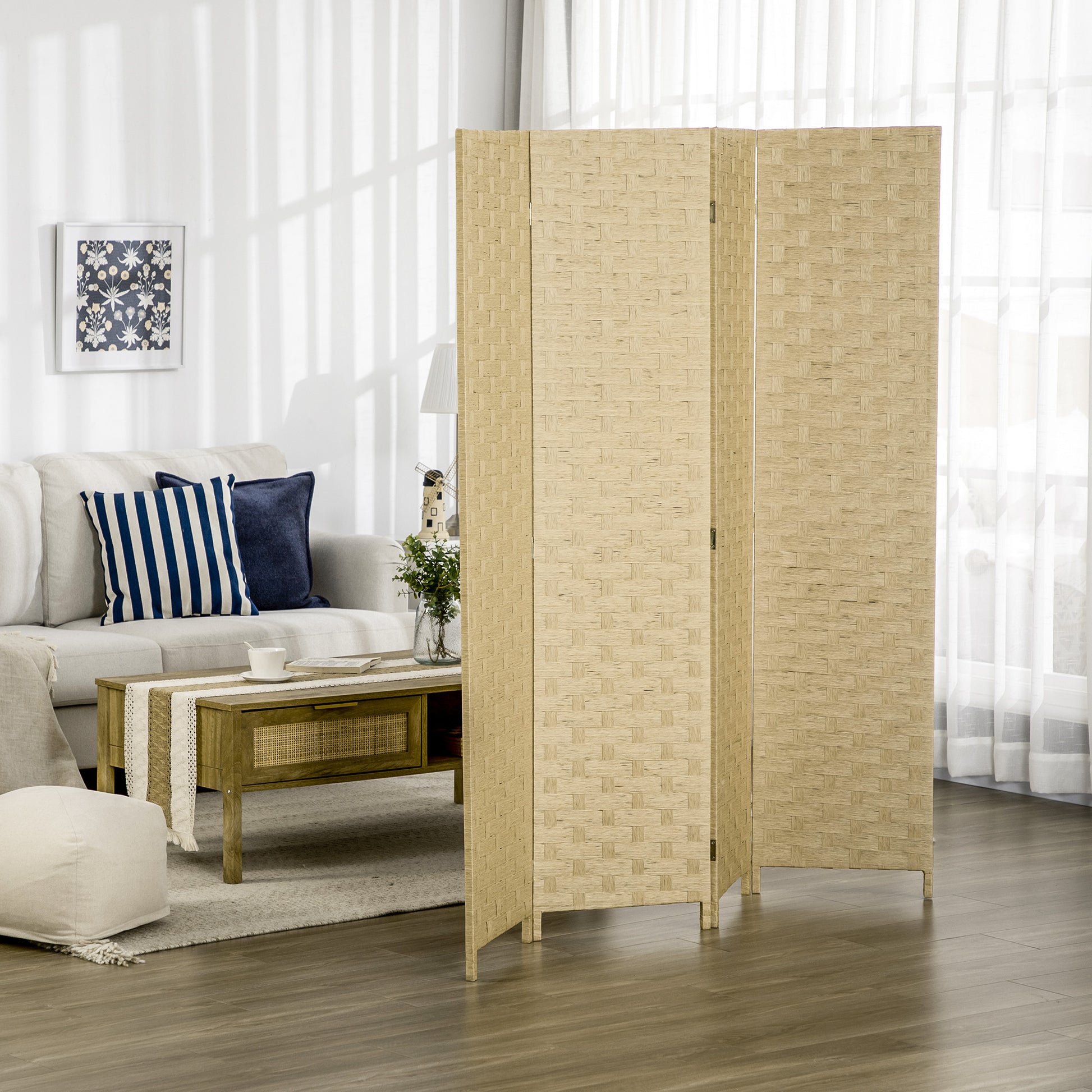 4 Panel Room Divider 159.5x169.5 cm Folding Separator with Paper Rope Decoration Partition for Bedroom Living Room Brown