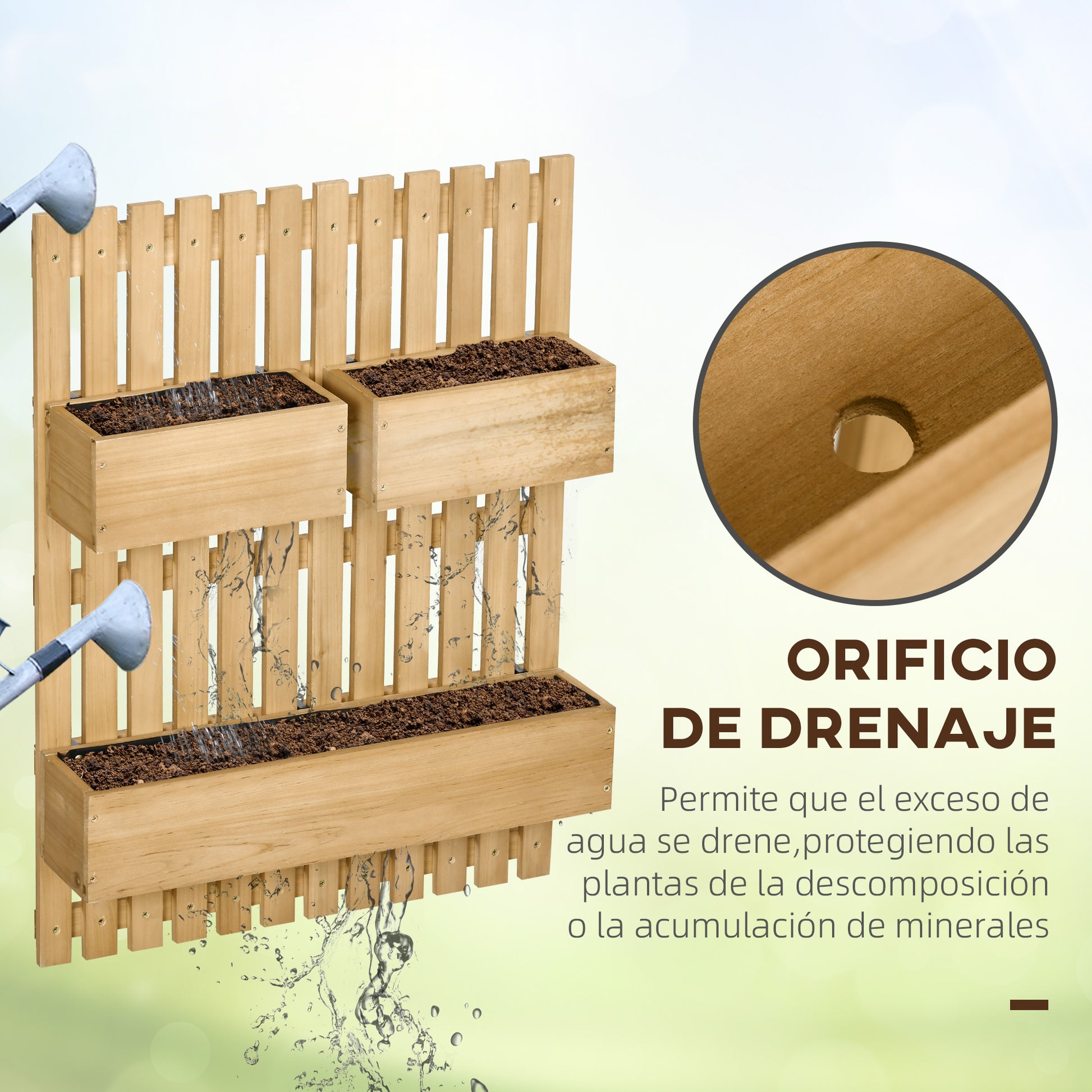 Wall Planter with Lattice Vertical Wood Planter with 3 Mobile Pots and Drainage Hole for Outdoor Garden Terrace Patio 60x16x80 cm Natural