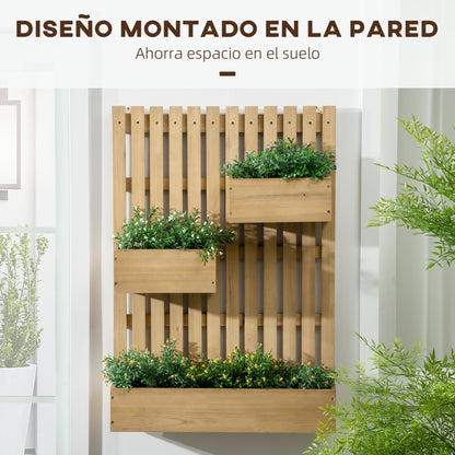 Wall Planter with Lattice Vertical Wood Planter with 3 Mobile Pots and Drainage Hole for Outdoor Garden Terrace Patio 60x16x80 cm Natural