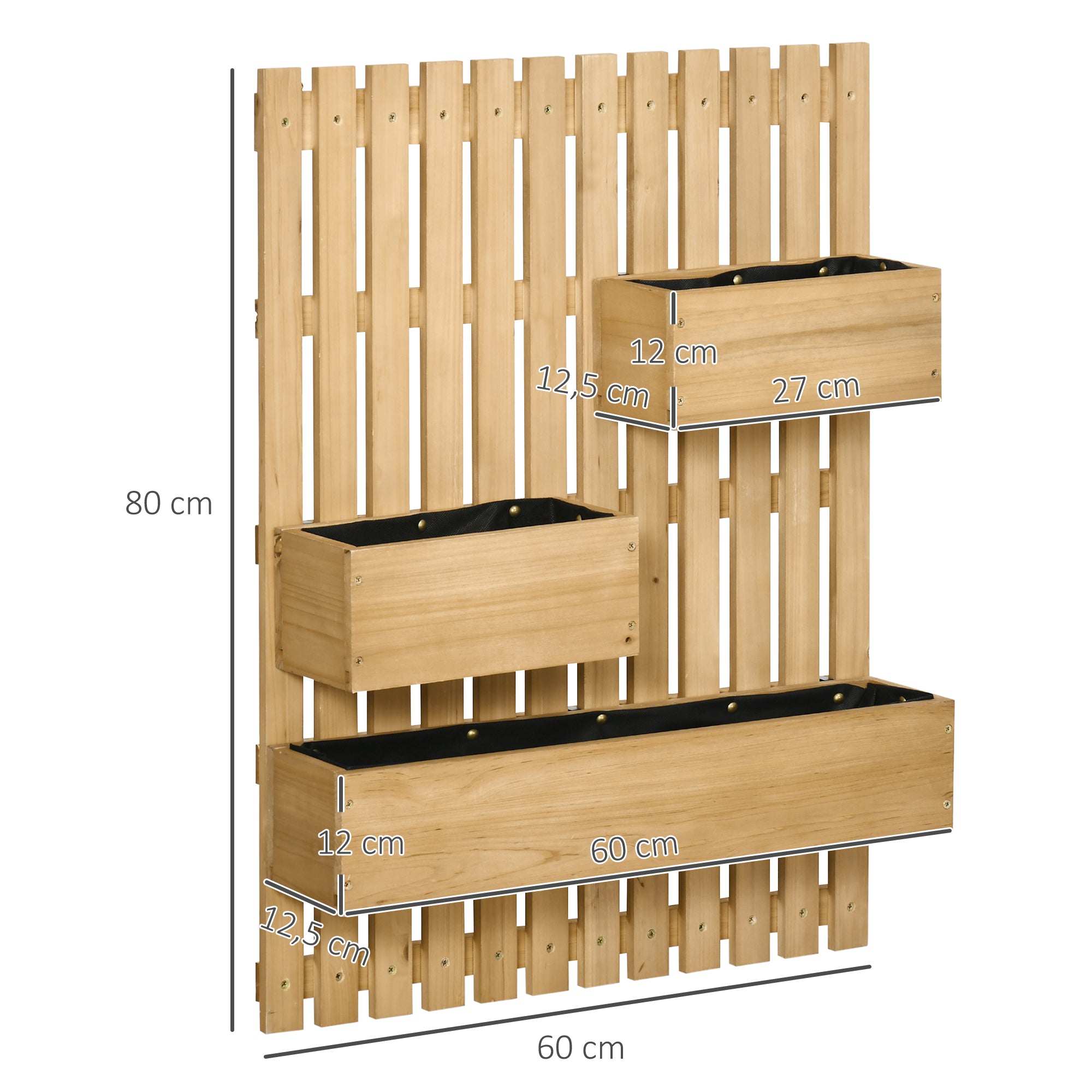 Wall Planter with Lattice Vertical Wood Planter with 3 Mobile Pots and Drainage Hole for Outdoor Garden Terrace Patio 60x16x80 cm Natural