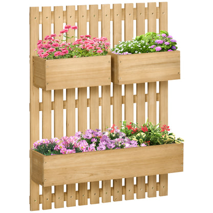 Wall Planter with Lattice Vertical Wood Planter with 3 Mobile Pots and Drainage Hole for Outdoor Garden Terrace Patio 60x16x80 cm Natural
