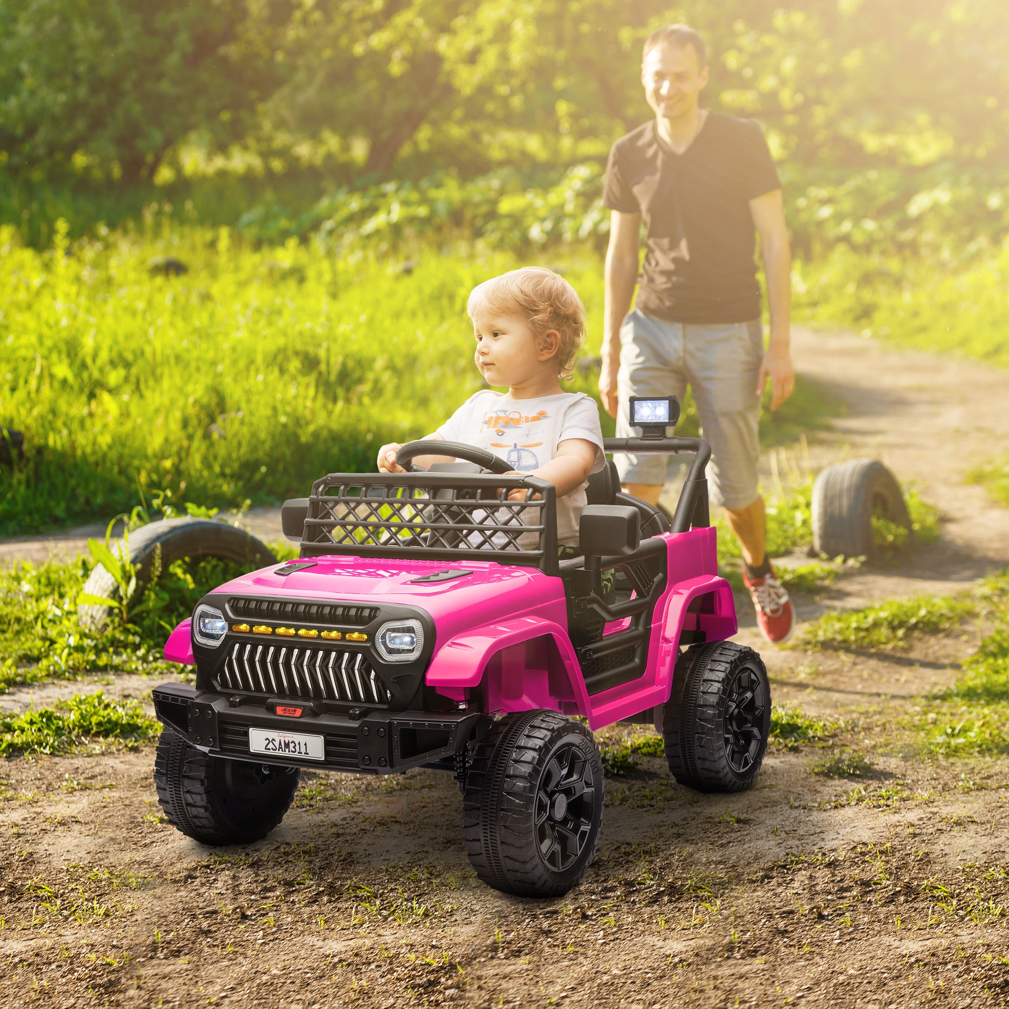 Electric Car for Kids 3+ Years Battery-Powered Kids Car 12V with Remote Control Adjustable Speed USB Headlights Horn Pink Fuchsia