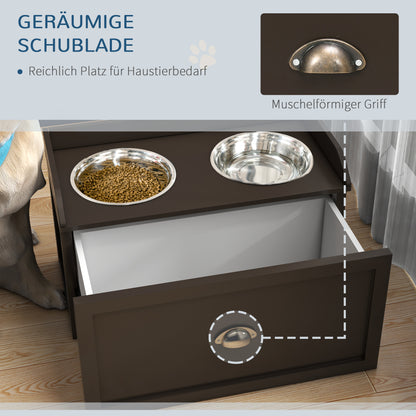 Dog Bowl, 2 x 2L Feeding Bowl, Elevated Food Bowl with Drawer, Stainless Steel Bowl, Feeding Station for Large Dogs, Coffee