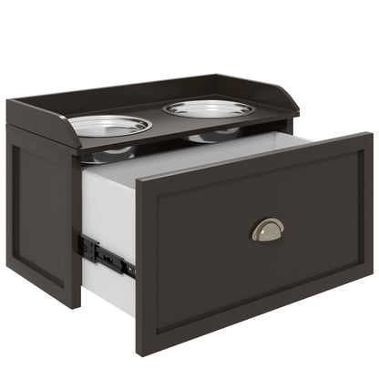 Dog Bowl, 2 x 2L Feeding Bowl, Elevated Food Bowl with Drawer, Stainless Steel Bowl, Feeding Station for Large Dogs, Coffee