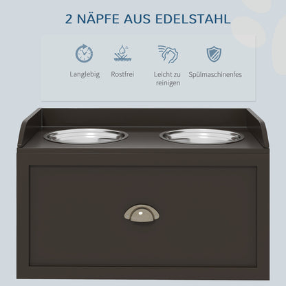 Dog Bowl, 2 x 2L Feeding Bowl, Elevated Food Bowl with Drawer, Stainless Steel Bowl, Feeding Station for Large Dogs, Coffee